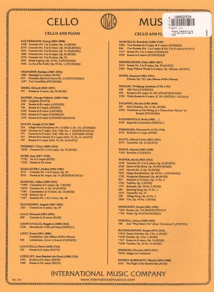 Popper, David - Tarantella Op 33 for Cello and Piano - edited by Leonard Rose - International Music Co - Image 3