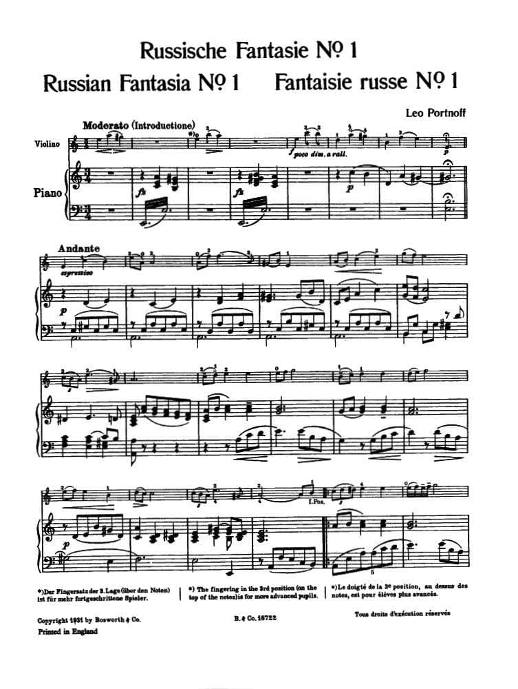 Portnoff, Leo - Russian Fantasia No 1 in A Minor - Violin and Piano - Bosworth - Image 2