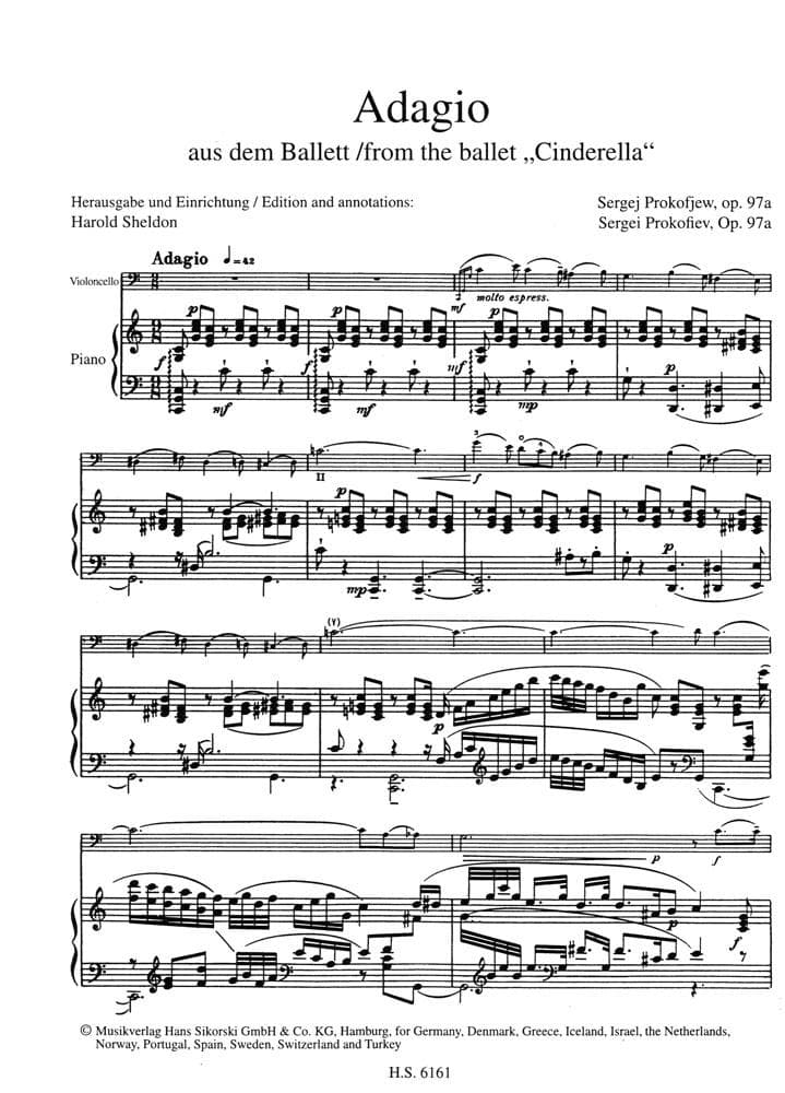 Prokofiev, Sergei - Adagio from Cinderella - for Cello and Piano - Sikorski - Image 2