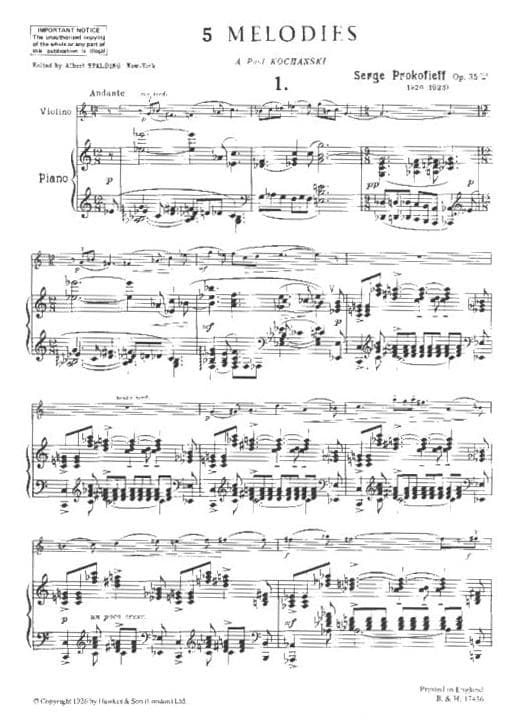 Prokofiev, Serge - Five Melodies, Op 35 - Violin and Piano - published by Boosey & Hawkes - Image 2
