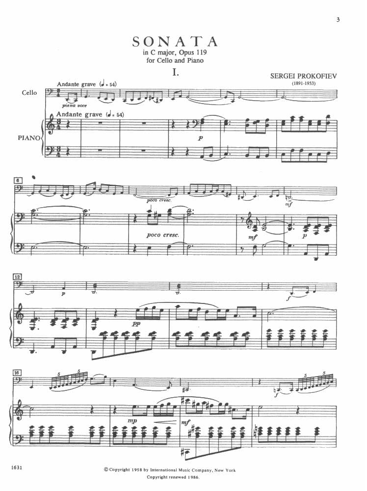 Prokofiev, Sergey - Cello Sonata in C Major, Op 119 - for Cello and Piano - edited by Rostropovich - International Music Company - Image 2