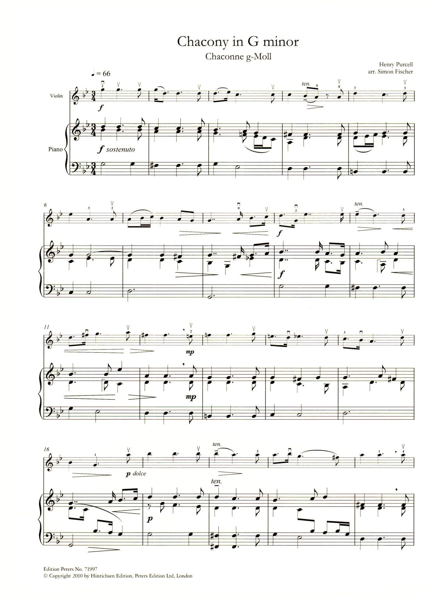 Purcell, Henry - Chacony in G minor - for Violin and Piano - transcribed by Simon Fischer - Edition Peters - Image 3