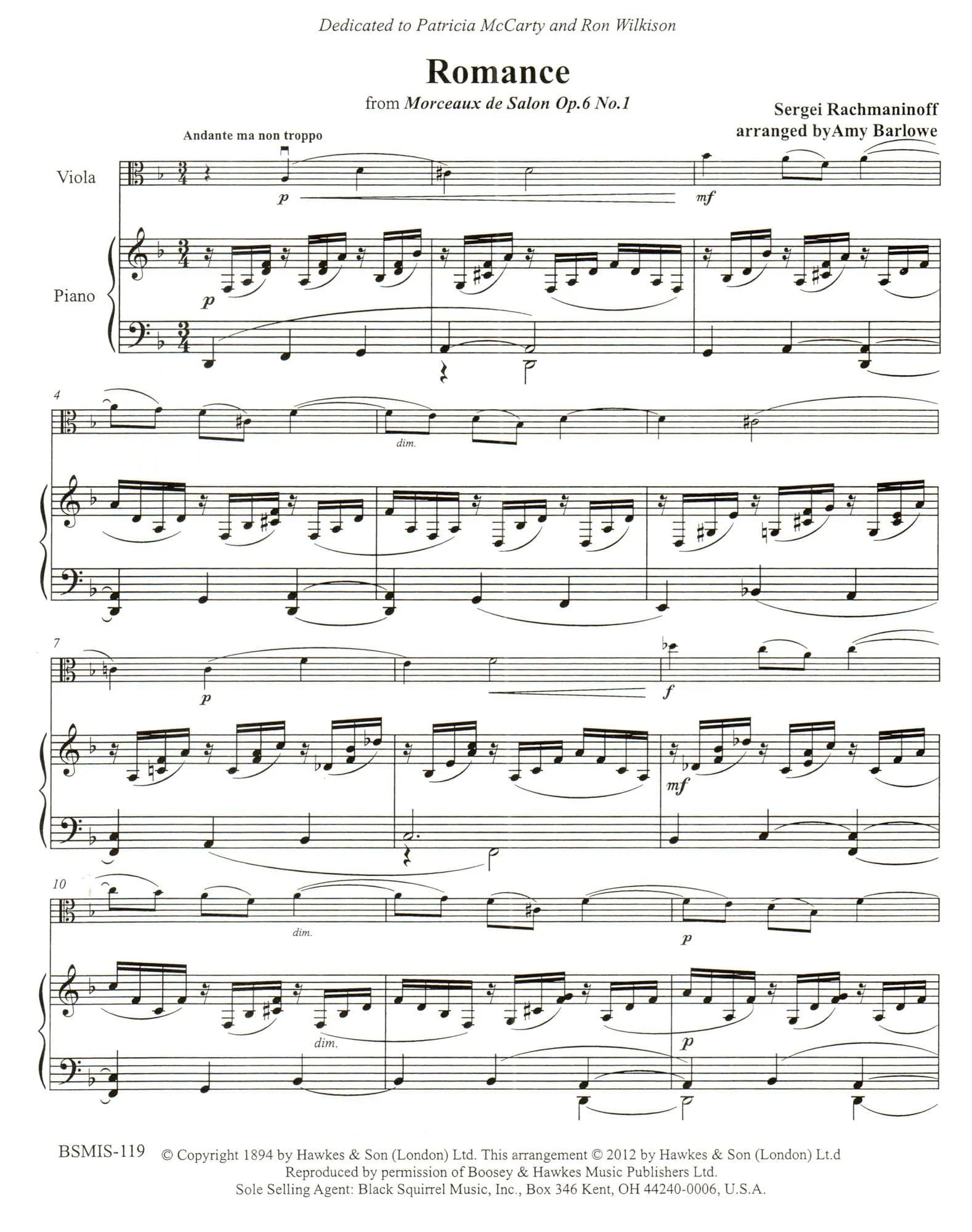 Rachmaninoff, Sergey - Romance from Morceaux de Salon, Op. 6, No. 1 - for Viola and Piano - Black Squirrel Publications - Image 3