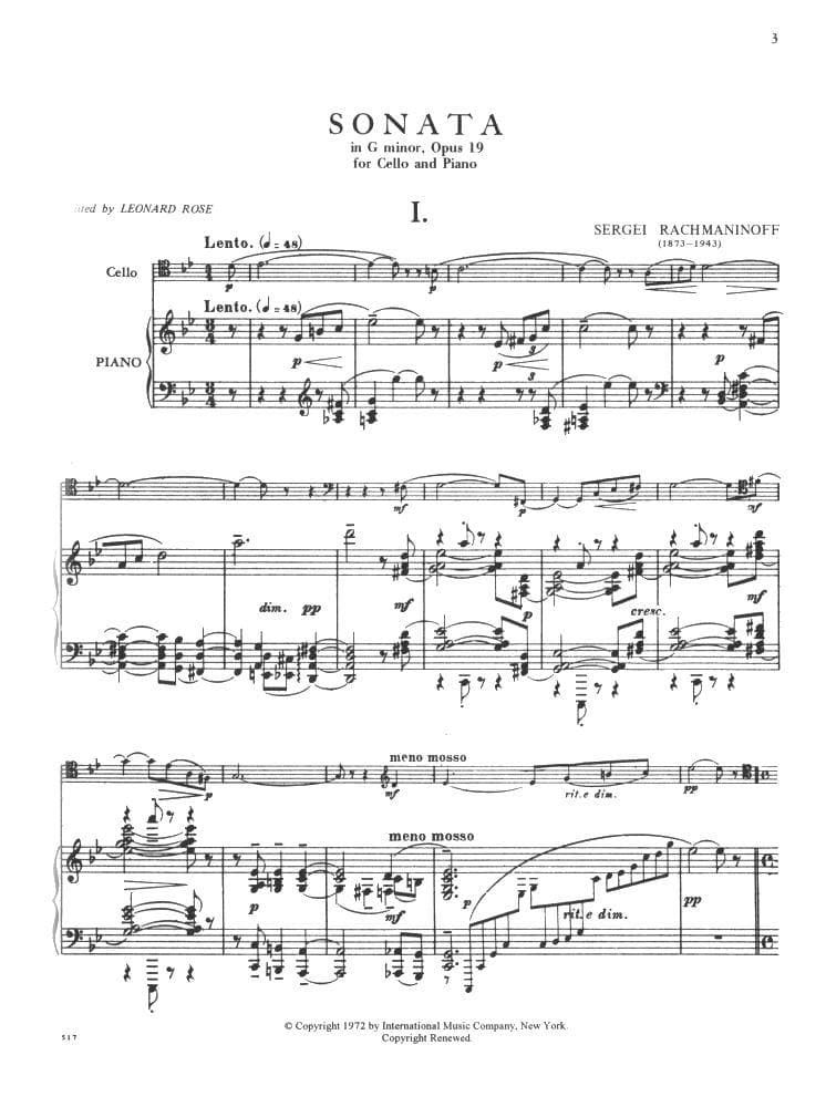 Rachmaninoff, Sergey - Cello Sonata in G Minor, Op 19 - for Cello and Piano - edited by Rose - International Music Company - Image 2