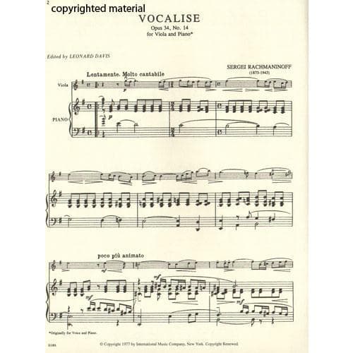 Rachmaninoff - Vocalise Op 34 No 14 For Viola Edited by Davis Published by International Music Company - Image 2