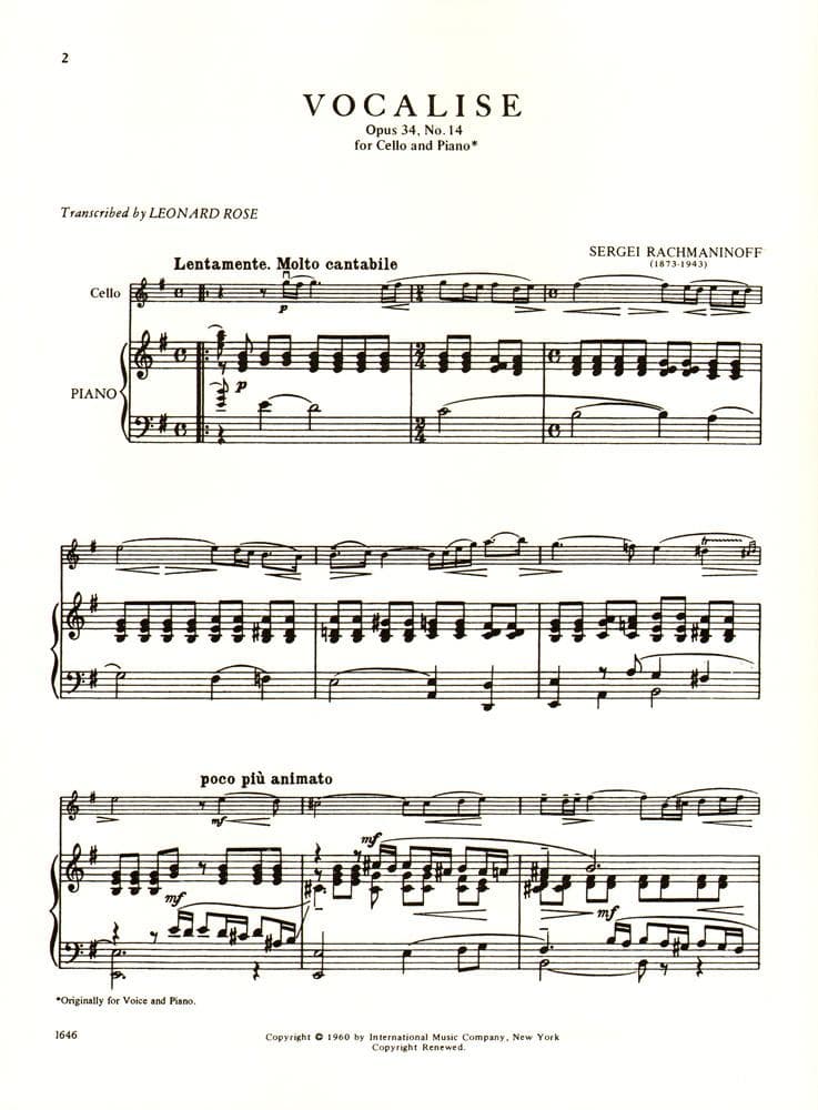 Rachmaninoff - Vocalise Op 34 No 14 For Cello Edited by Leonard Rose Published by International Music Company - Image 2
