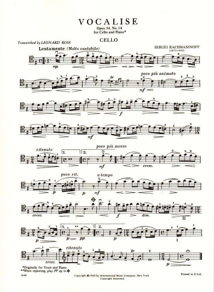 Rachmaninoff - Vocalise Op 34 No 14 For Cello Edited by Leonard Rose Published by International Music Company - Image 3