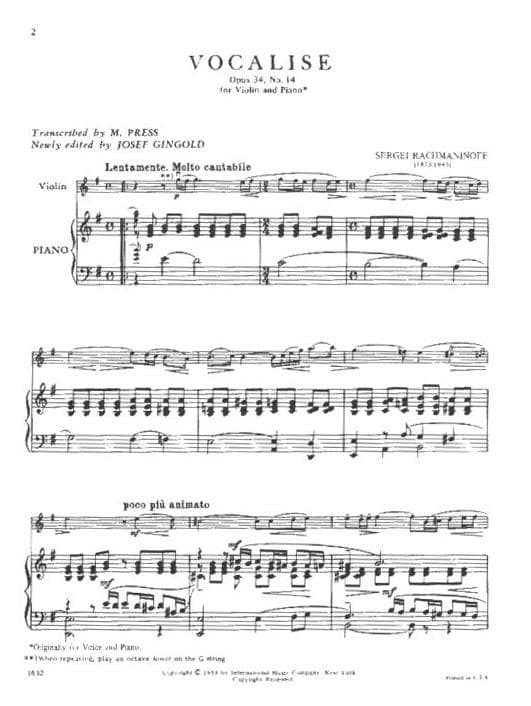 Rachmaninov, Sergey - Vocalise Op 34, No 14 - Violin & Piano - arranged by M Press - edited by Josef Gingold - International Music Company Edition - Image 2