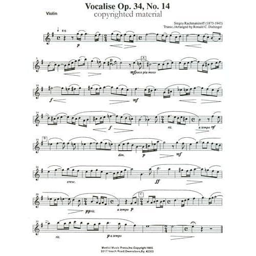 Rachmaninov, Sergey - Vocalise Op 34 No 14 - Violin and Piano - edited by Ronald C Dishinger - published by Medici Music Press - Image 2