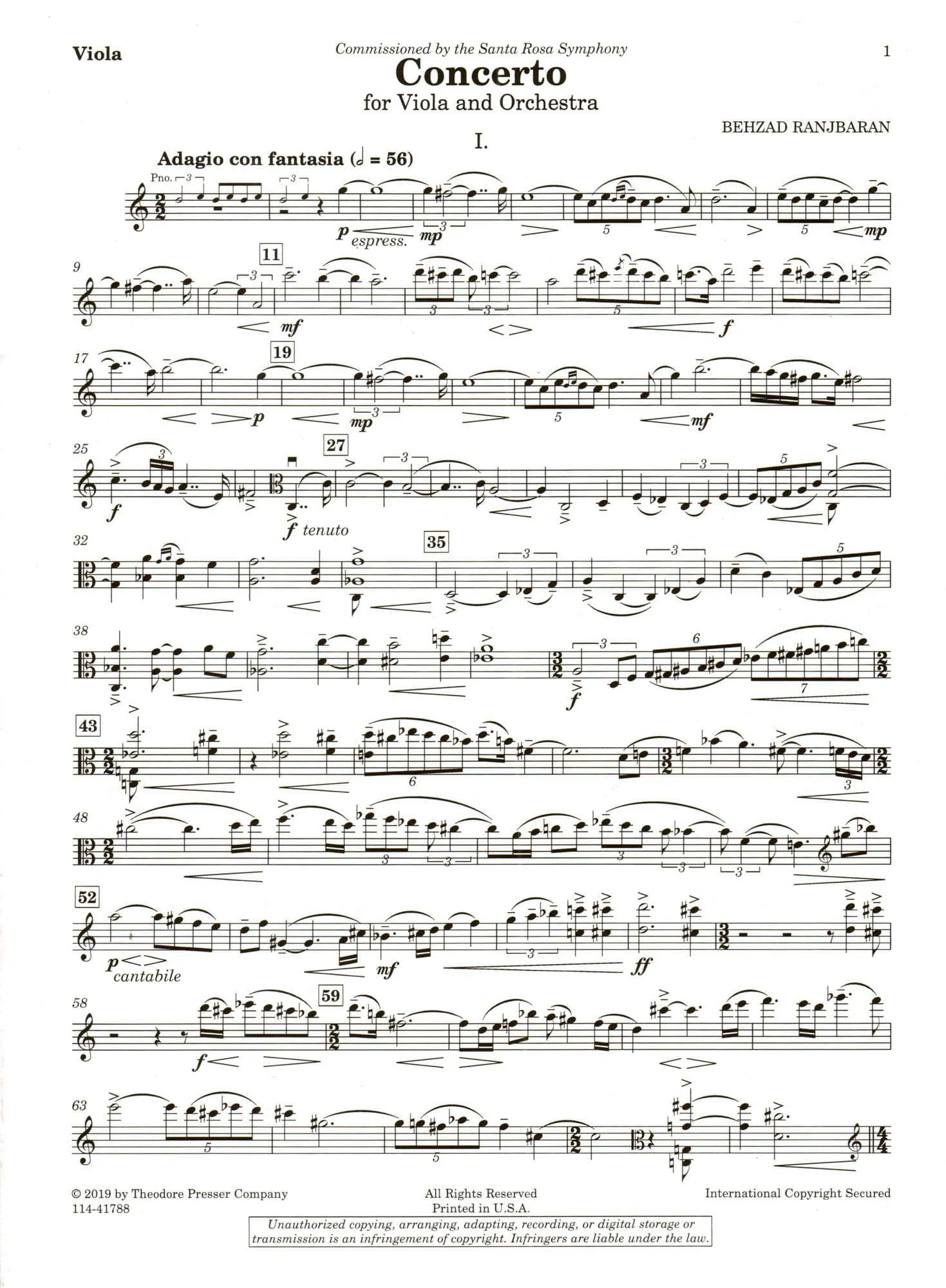 Ranjbaran, Behzad - Concerto for Viola and Orchestra - for Viola and Piano - Theodore Presser - Image 2