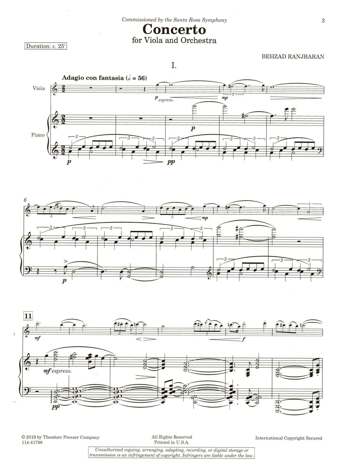 Ranjbaran, Behzad - Concerto for Viola and Orchestra - for Viola and Piano - Theodore Presser - Image 3