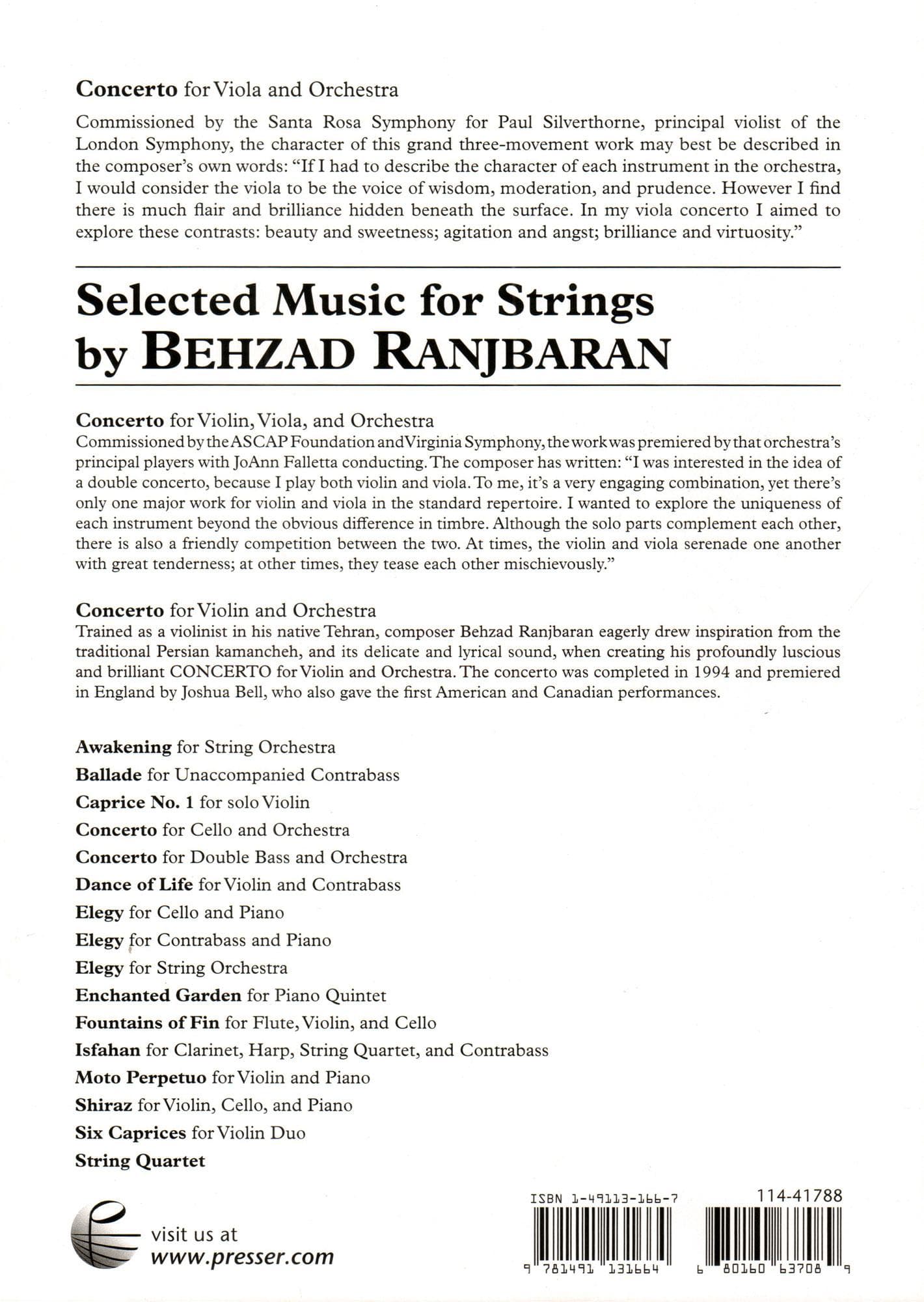 Ranjbaran, Behzad - Concerto for Viola and Orchestra - for Viola and Piano - Theodore Presser - Image 4