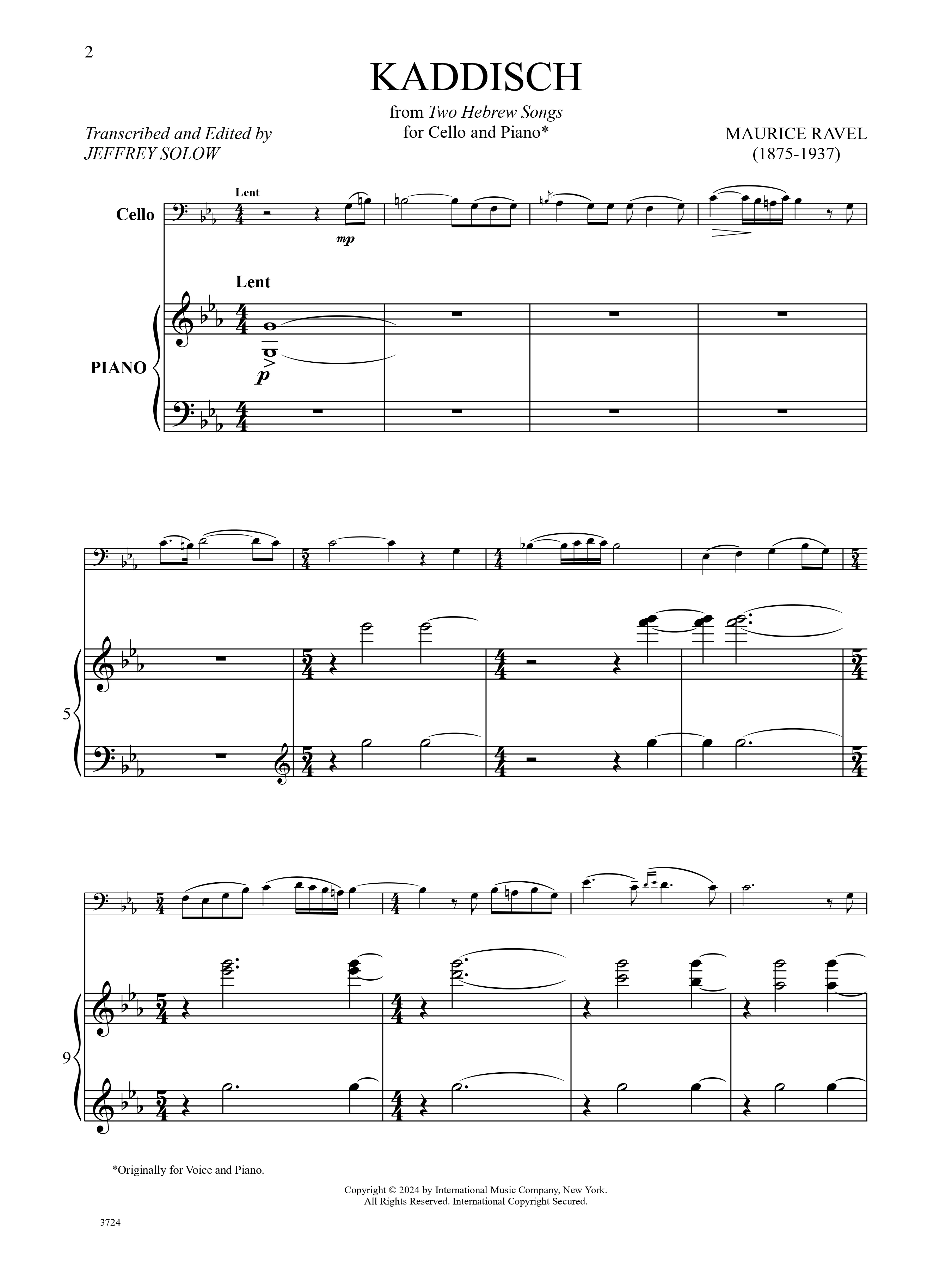 Ravel, Maurice - Kaddisch from Two Hebrew Songs for Cello and Piano - Edited by Solow - International Music Co. - Image 2