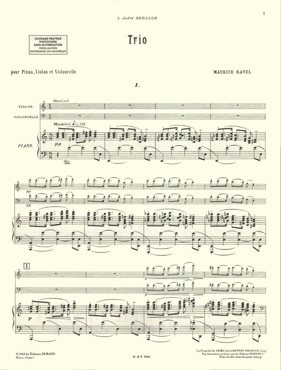 Ravel, Maurice - Piano Trio (1914) For Violin Cello and Piano Published by Editions Durand - Image 2