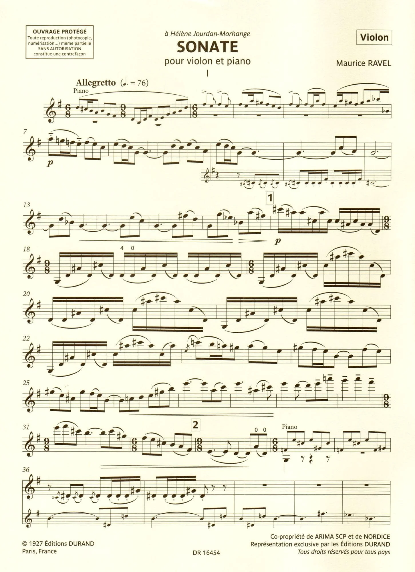 Ravel, Maurice - Sonata - for Violin and Piano - Durand Edition Musicales - Image 2