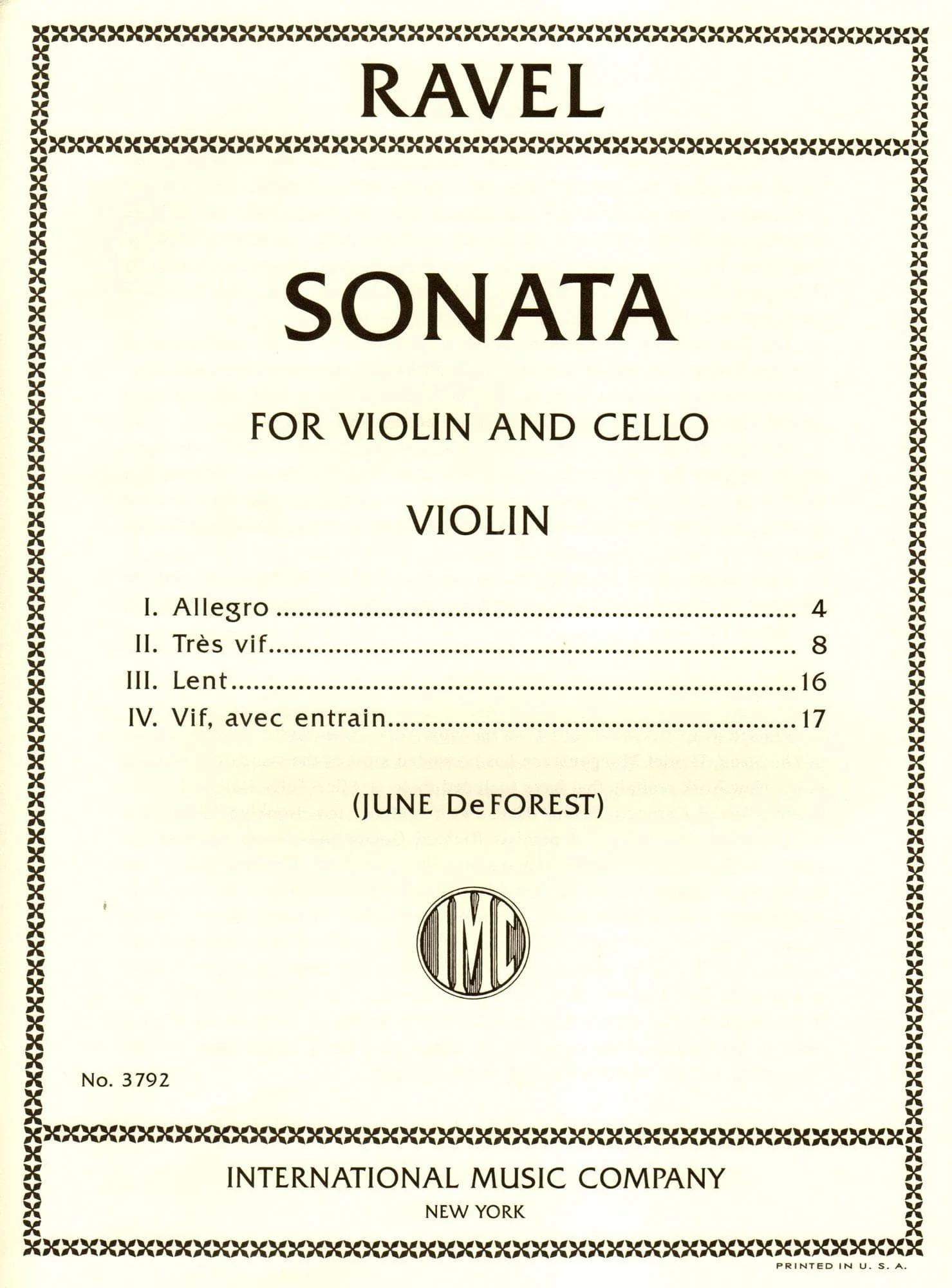 Ravel, Maurice - Sonata for Violin and Cello - edited by June DeForest - International Music Company - Image 2