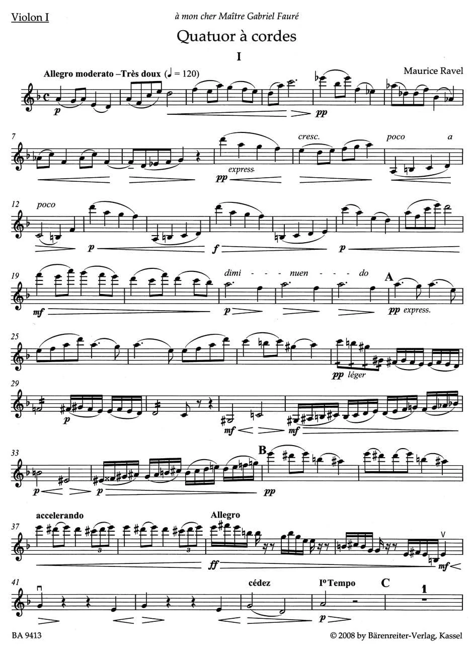 Ravel, Maurice - String Quartet in F Major - Two Violins, Viola, and Cello - Parts - edited by Juliette Appold - Bärenreiter Verlag URTEXT - Image 2