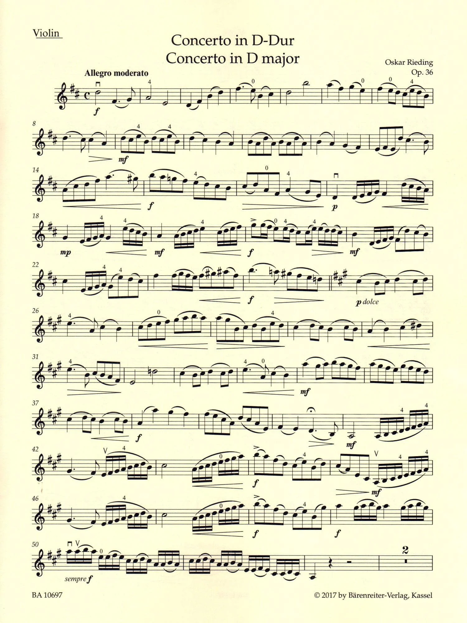 Rieding, Oskar - Violin Concerto in D Major, Op 36 - Violin and Piano - Barenreiter - Image 3