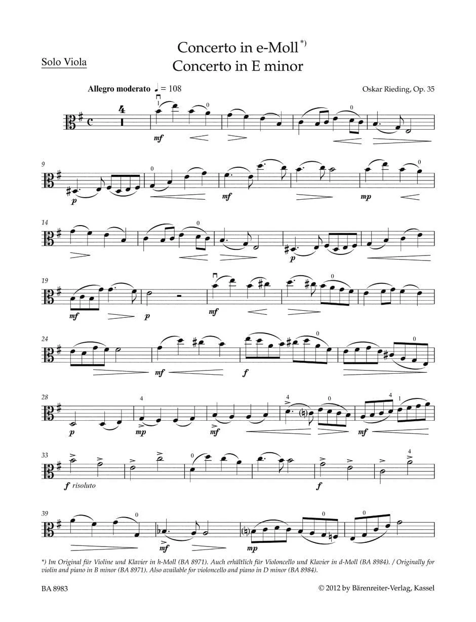 Rieding, Oskar - Concerto in B Minor, Op 35 - for Viola and Piano - edited by Kurt Sassmannshaus - Bärenreiter - Image 2