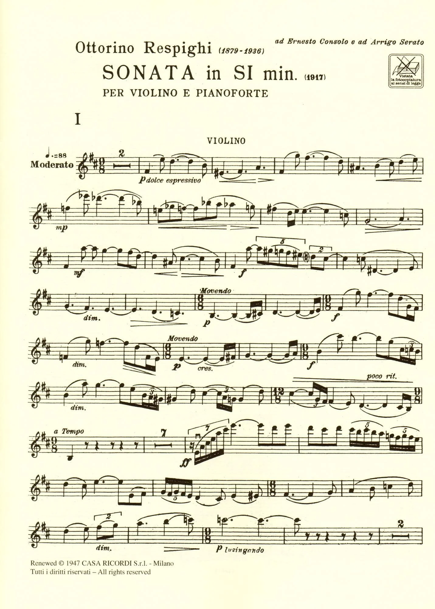 Respighi - Sonata In B Minor For Violin and Piano Published by Ricordi - Image 3