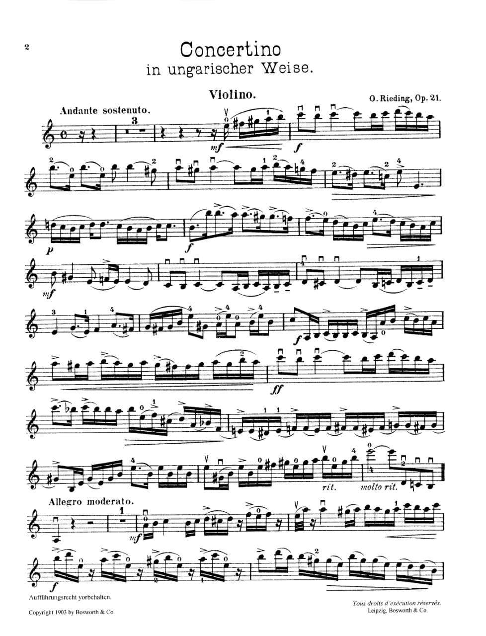 Rieding, Oscar - Concertino In a minor Op 21 For Violin and Piano Published by Bosworth & Co - Image 2