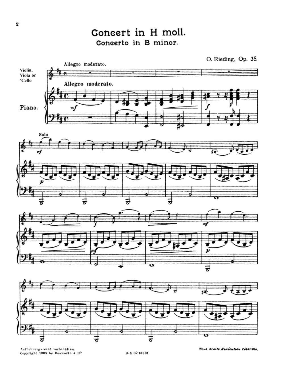 Rieding, Oscar - Concerto In b minor Op 35 For Violin and Piano Published by Bosworth & Co - Image 2