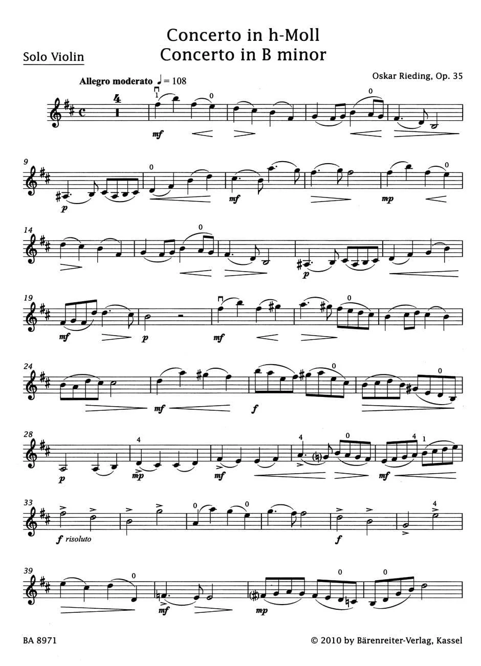 Rieding, Oskar - Violin Concerto in B Minor, Op 35 - Violin and Piano - edited by Kurt Sassmannshaus - Bärenreiter - Image 2