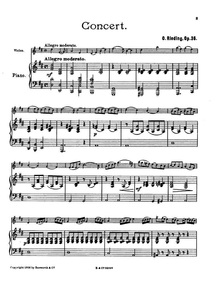 Rieding, Oskar - Violin Concerto in D Major, Op 36 - Violin and Piano - Bosworth - Image 2