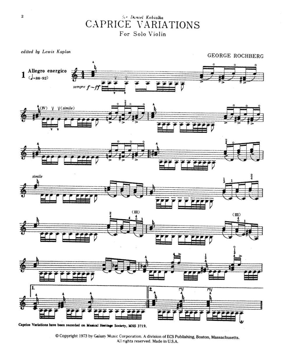 Rochberg, George - Caprice Variations For Violin Edited by Lewis Kaplan Published by Galaxy Music Corporation - Image 2