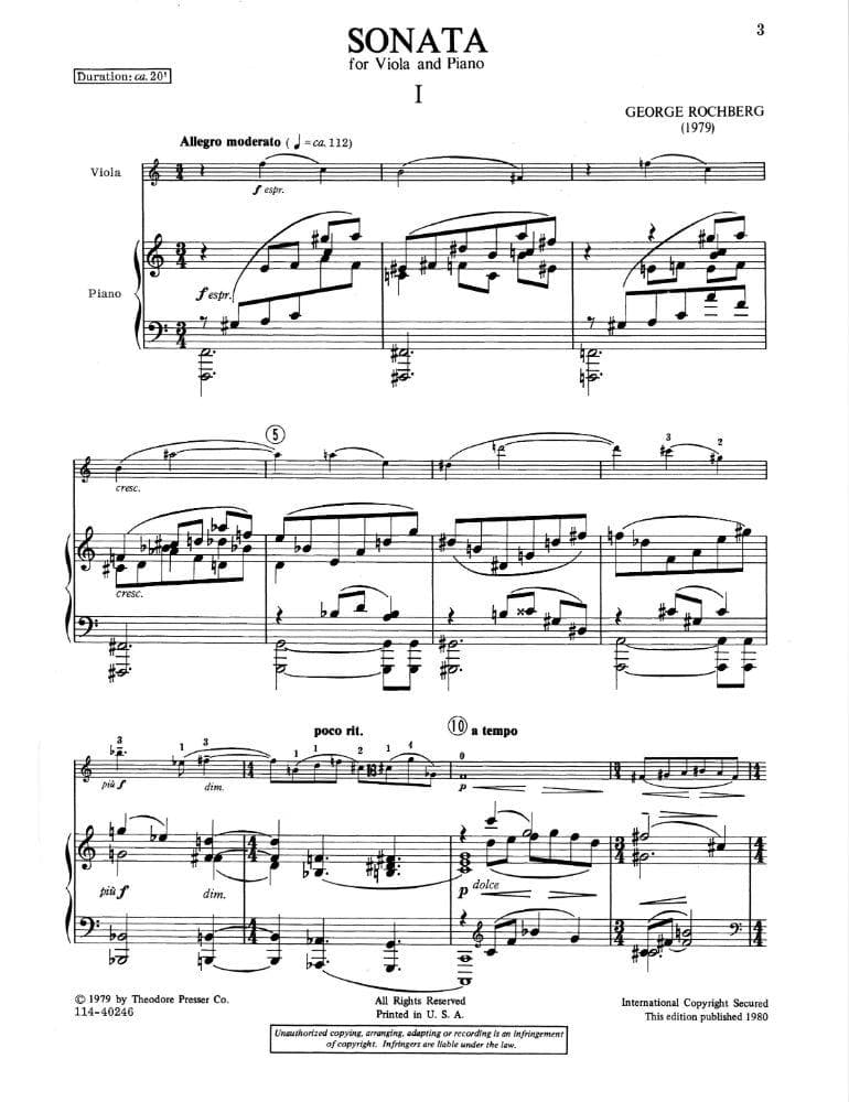 Rochberg, George - Sonata ( 1979 ) For Viola and Piano Published by Theodore Presser Company - Image 2