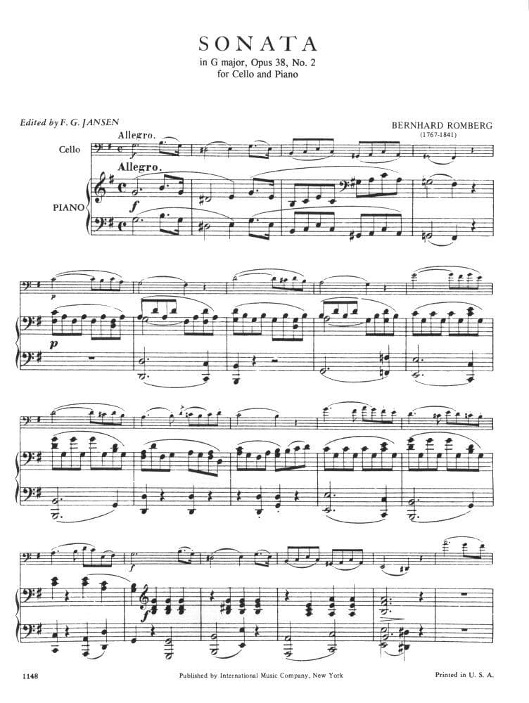 Romberg, Berngard - Cello Sonata in G Major, Op 38 No 2 - for Cello and Piano - edited by F G Jansen - International Music Company - Image 2