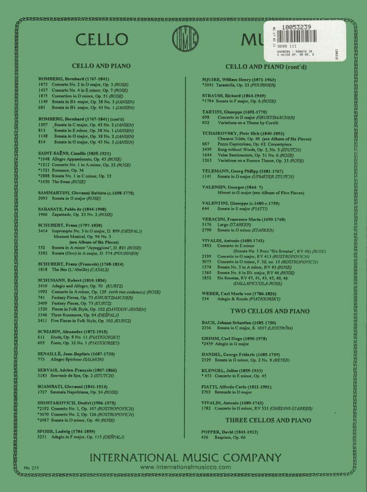 Romberg, Berngard - Cello Sonata in G Major, Op 38 No 2 - for Cello and Piano - edited by F G Jansen - International Music Company - Image 3