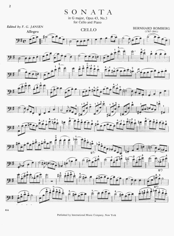 Romberg, Bernhard - Cello Sonata in G Major, Op 43 No 3 - for Cello and Piano - edited by F G Jansen - International Music Company - Image 2