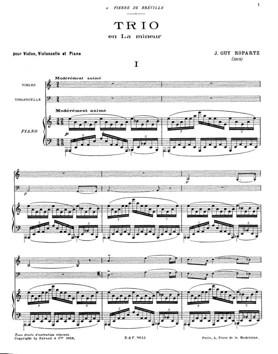 Ropartz, J Guy - Trio in a minor (1918) - Violin, Cello, and Piano - Lauren Publications - Image 2