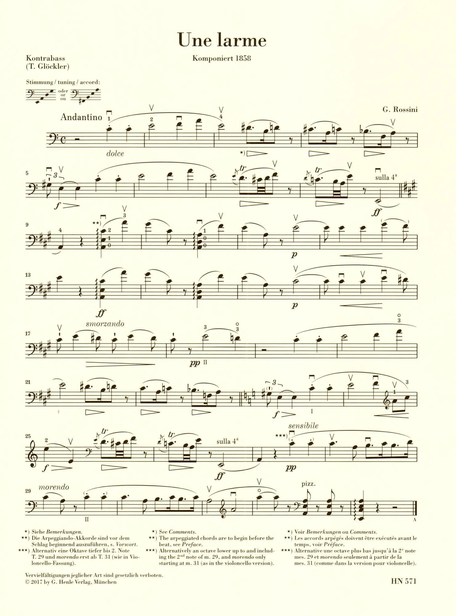 Rossini, G - Une larme - for Double Bass and Piano - G Henle Verlag URTEXT - Image 2