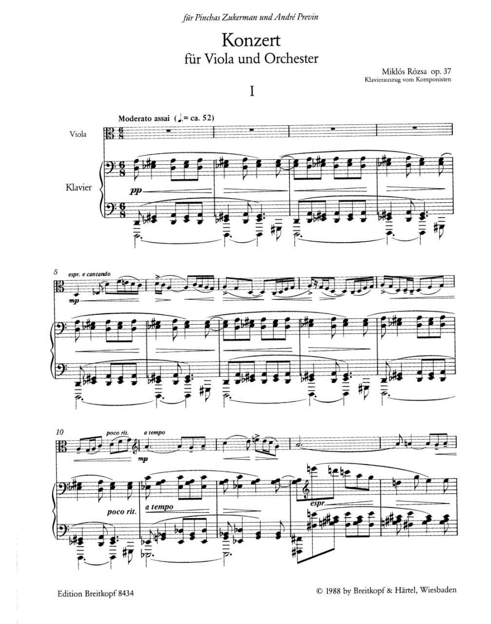 Miklos Rozsa - Viola Concerto Op. 37 - Viola and Piano Reduction - Edition Breitkopf - Image 2