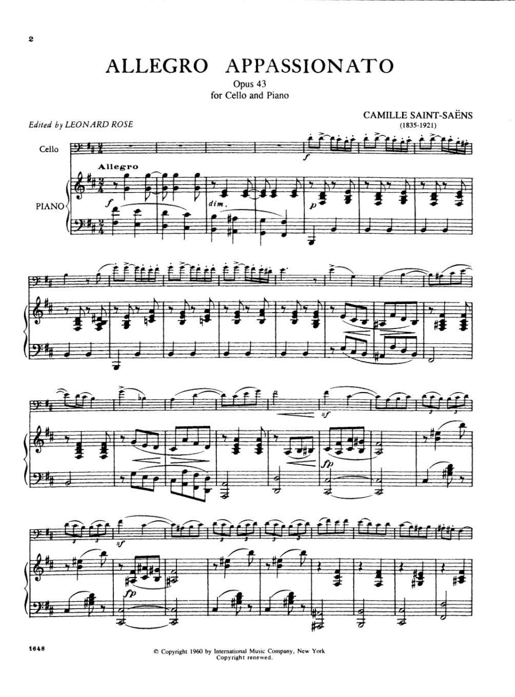 Saint-Saens, Camille - Allegro Appassionato Op 43 For Cello and Piano Edited by Leonard Rose Published by International Music Company - Image 2