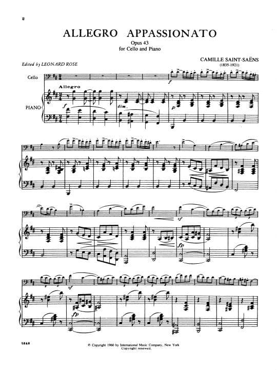 Saint-Saens, Camille - Allegro Appassionato Op 43 For Cello and Piano Edited by Leonard Rose Published by International Music Company - Image 3