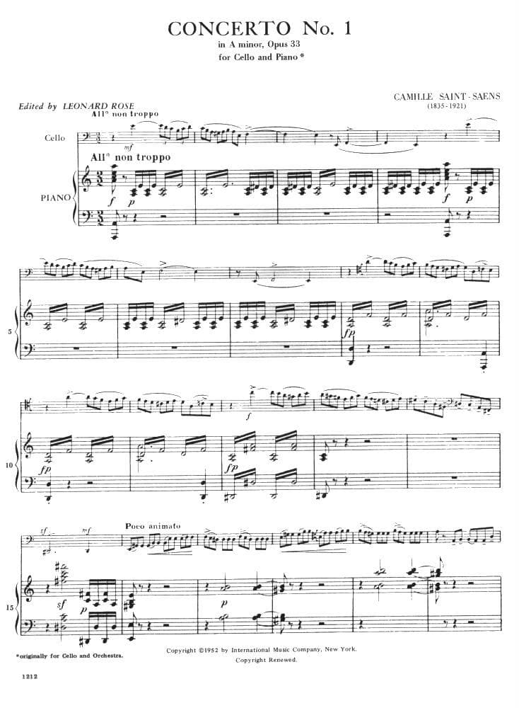 Saint-Saens, Camille - Concerto No 1 in A Minor Op 33 - for Cello and Piano - edited by Rose - International Music Company - Image 2