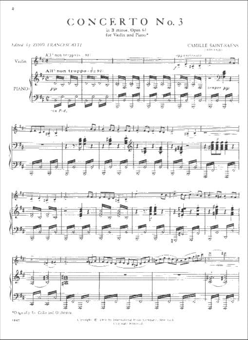 Saint-Saens, Camille - Concerto No 3 in B minor Op 61 - Violin and Piano - published by International Music Company - Image 2
