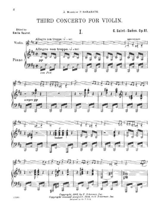 Saint-Saens, Camille - Concerto No 3 in B minor Op 61 - Violin and Piano - published by G Schirmer - Image 2