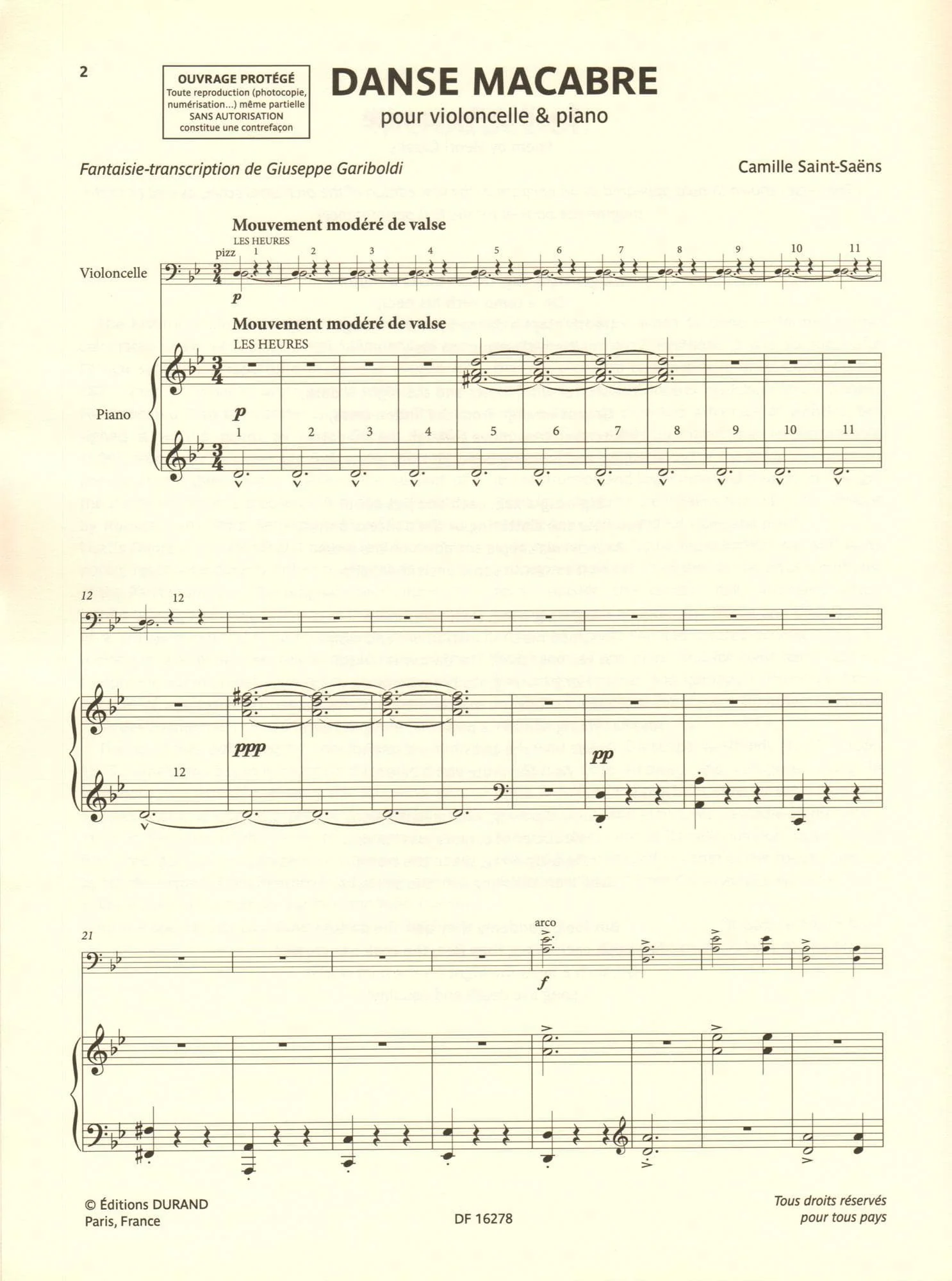 Saint-Saens, Camille - Danse Macabre - for cello and piano - transcribed by Giuseppe Gariboldi - Editions Durand - Image 2