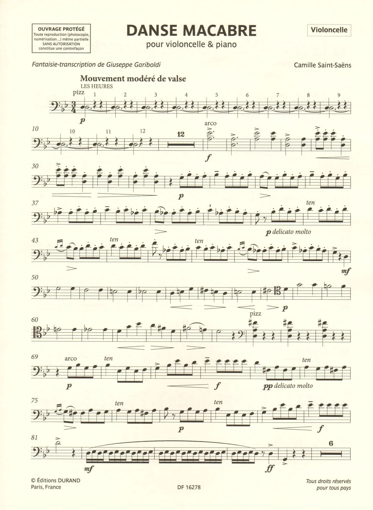 Saint-Saens, Camille - Danse Macabre - for cello and piano - transcribed by Giuseppe Gariboldi - Editions Durand - Image 3