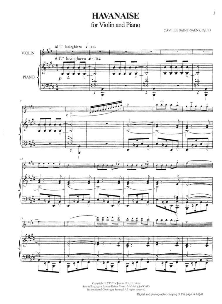 Saint-Saens, Camille - Heifetz Collection: Havanaise for Violin and Piano, Op 83 - edited by Endre Granat - Lauren Keiser - Image 2