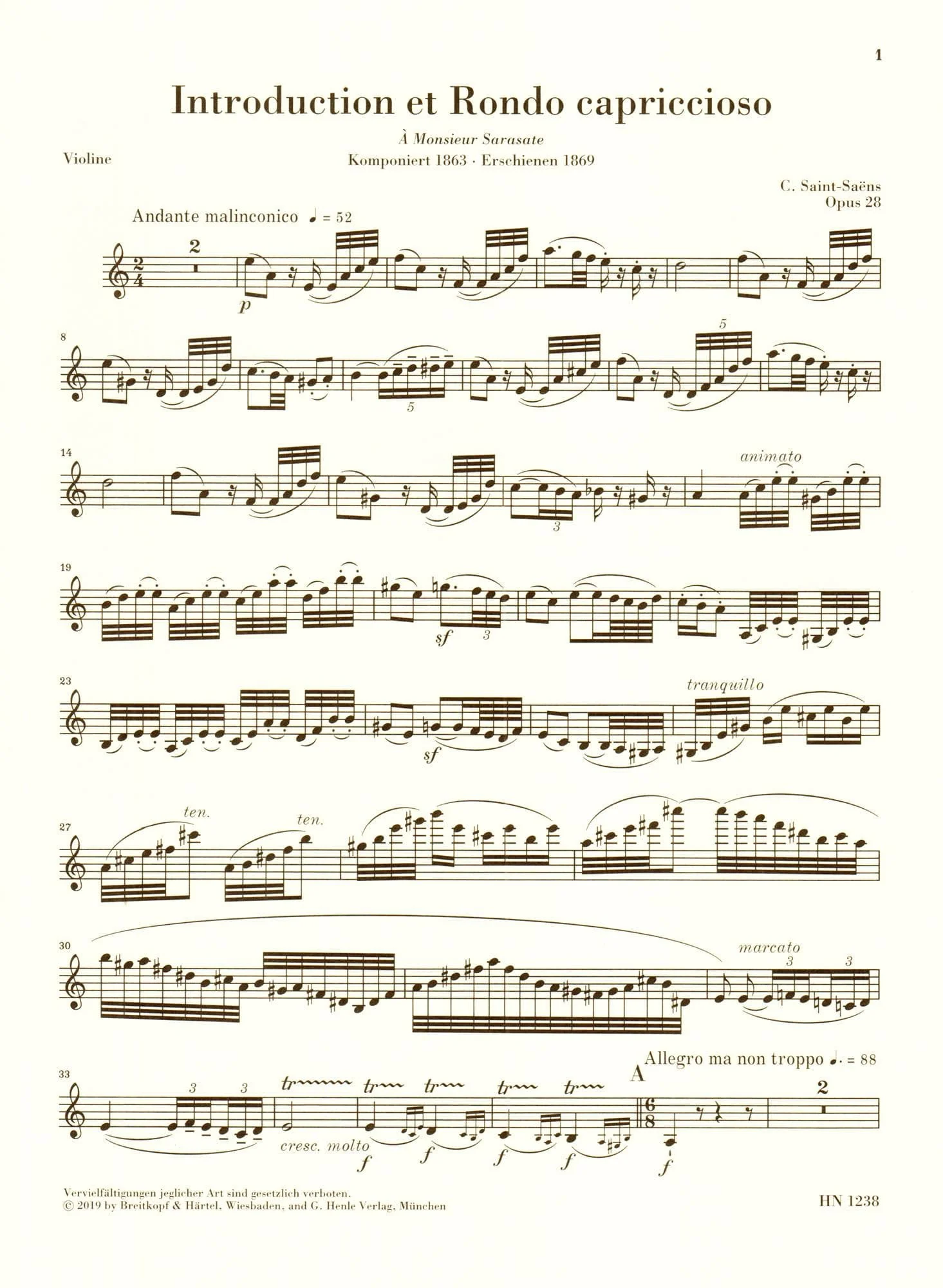 Saint-Saens, Camille - Introduction et Rondo capriccioso - for Violin and Piano - Edited by Peter Jost - G Henle Verlag URTEXT - Image 2
