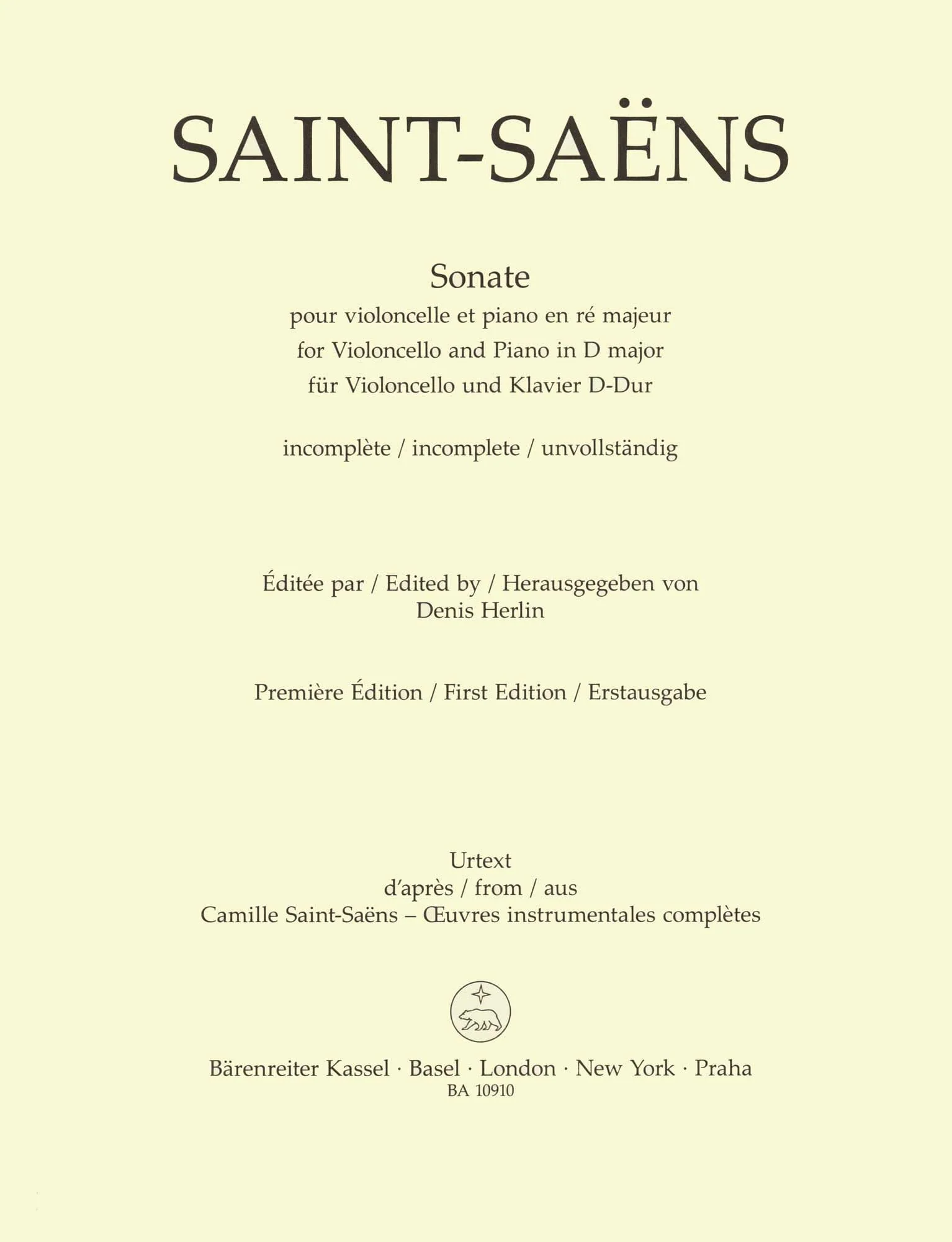 Saint-Saens, Camille - Sonata in D major - for Cello and Piano - edited by Denis Hurlin - Barenreiter URTEXT - Image 2
