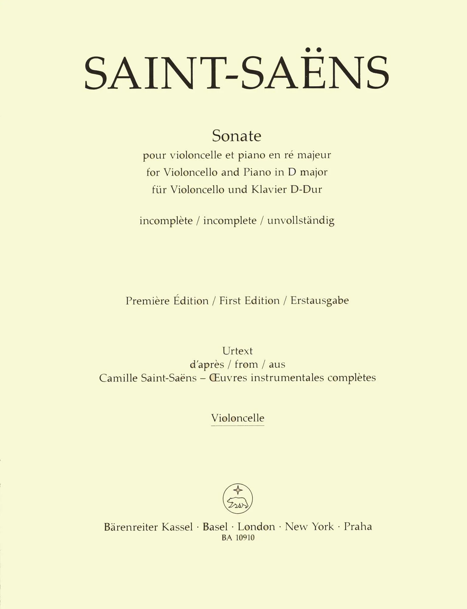 Saint-Saens, Camille - Sonata in D major - for Cello and Piano - edited by Denis Hurlin - Barenreiter URTEXT - Image 7