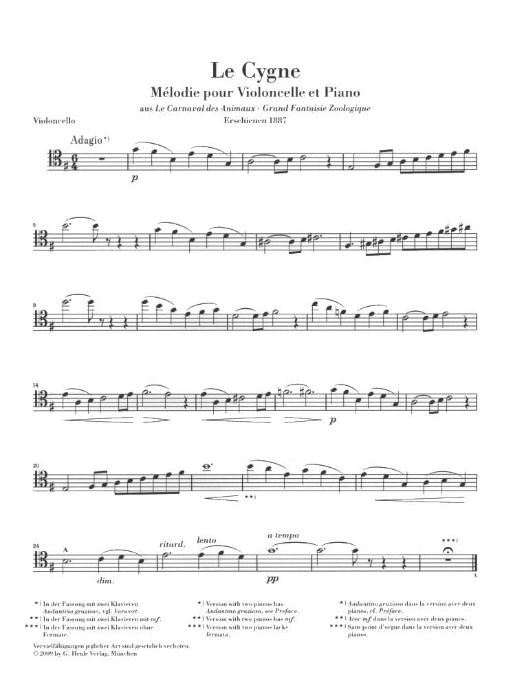 Saint-Saens, Camille -The Swan from "The Carnival of the Animals" - for Cello and Piano - edited by David Geringas - Henle - Image 2