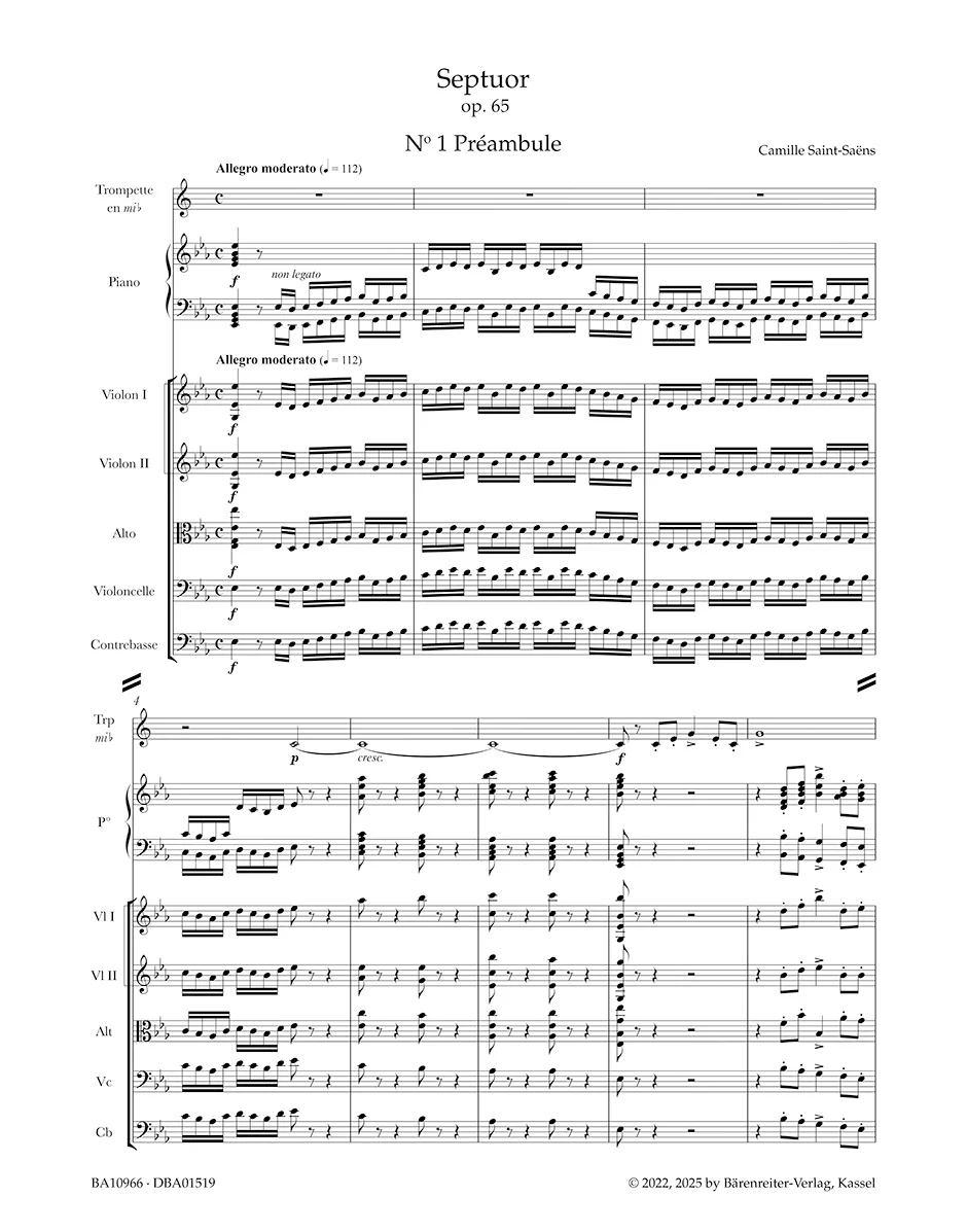 Saint-Saëns, Camille - Septuor for Trumpet, Piano, Two Violins, Viola, Cello and Double Bass in E-flat Major, Op. 65 - Score - edited by Ratner - Barenreiter Urtext - Image 2