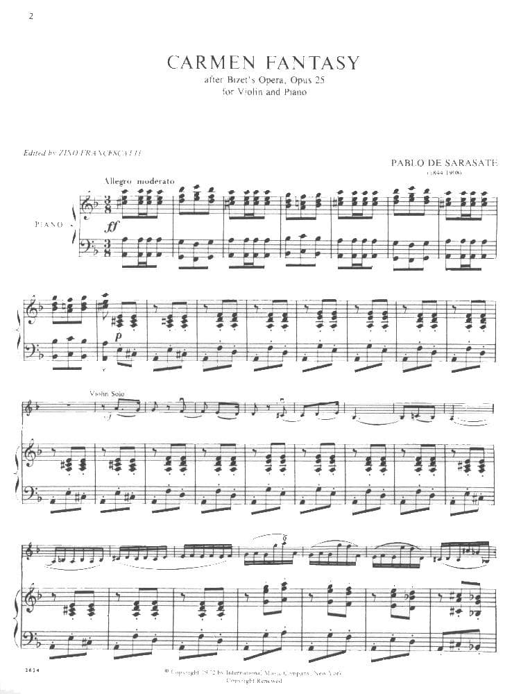 Sarasate, Pablo - Carmen Fantasy, Op 25 - Violin and Piano - edited by Zino Francescatti - International Music Company - Image 2